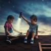 Boy holding flashlight and girl reading. Both are sitting on the roof of house at night